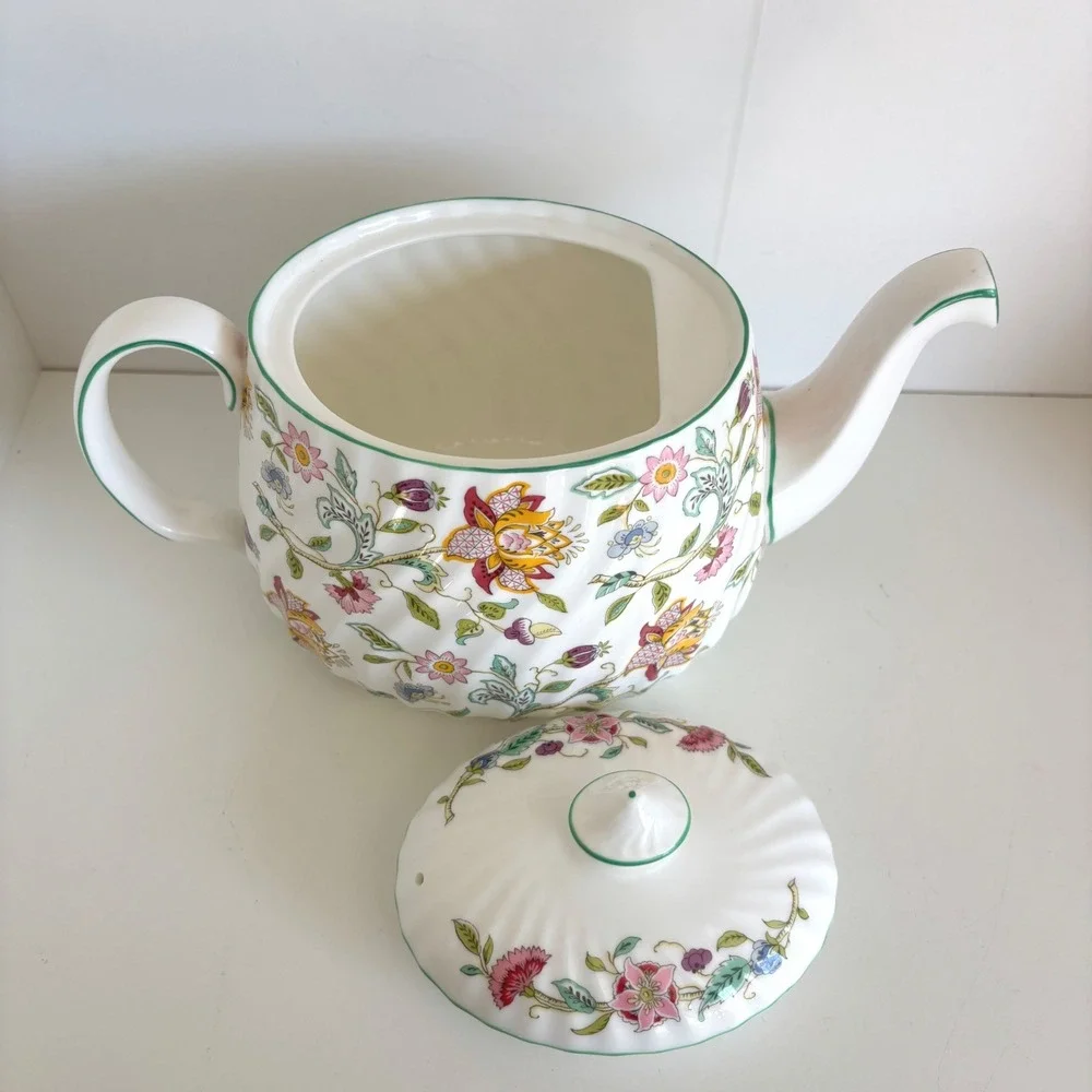 Minton Haddon Hall B-1451 Bone China Teapot 1 1/2 Pints Floral Green Trim
